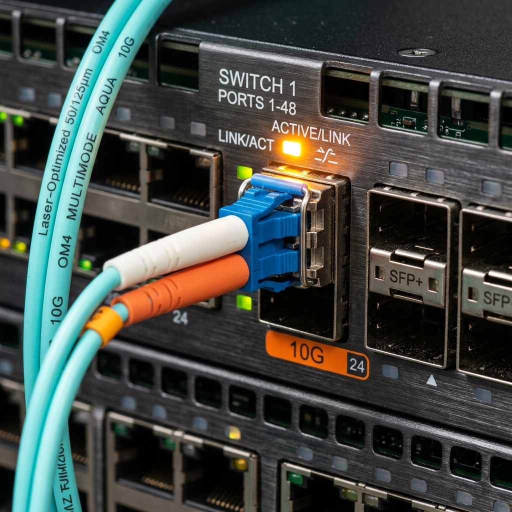 OM4 Multimode Fiber LC Duplex Connector and SFP+ Transceiver